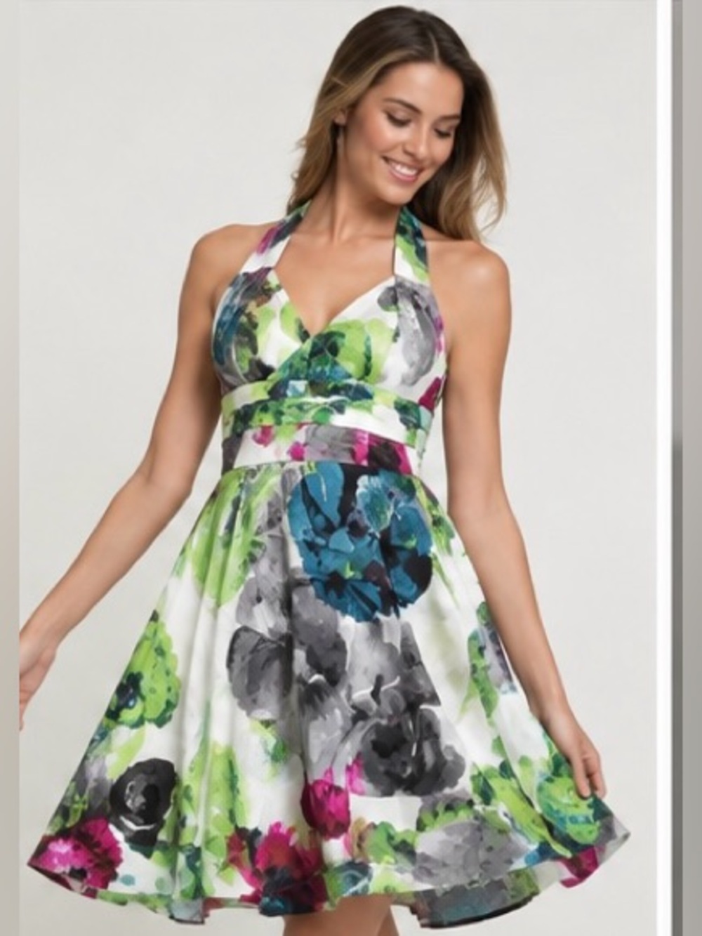 Suzi Chin Vintage Halter Floral A-Line Dress in Green & Blue